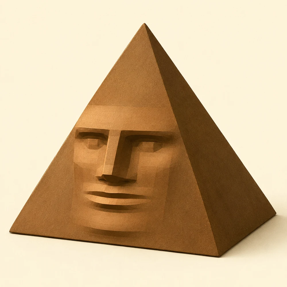 Pooplug, a brown pyramid with a human-like face